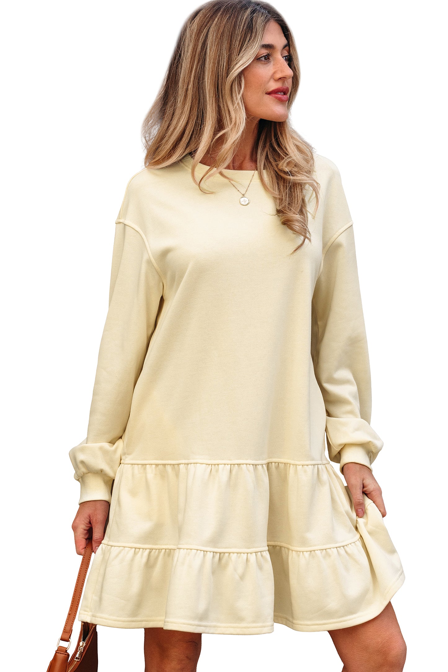 Beige Double Tiered Ruffle Hem Long Sleeve Loose Mini Dress