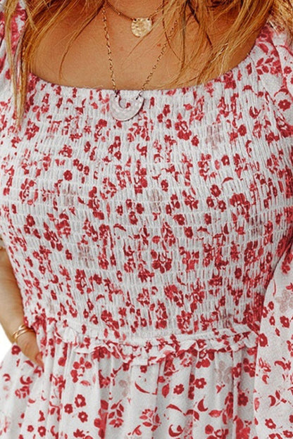 Smocked Floral Square Neck Balloon Sleeve Dress Carauana Store