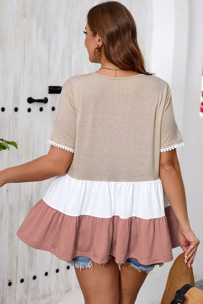 Beige Plus Size Color Block Lace Trim Ruffled Blouse