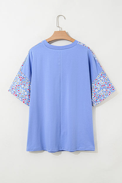 Sky Blue Floral Patchwork Chest Pocket Crewneck Plus Size T Shirt
