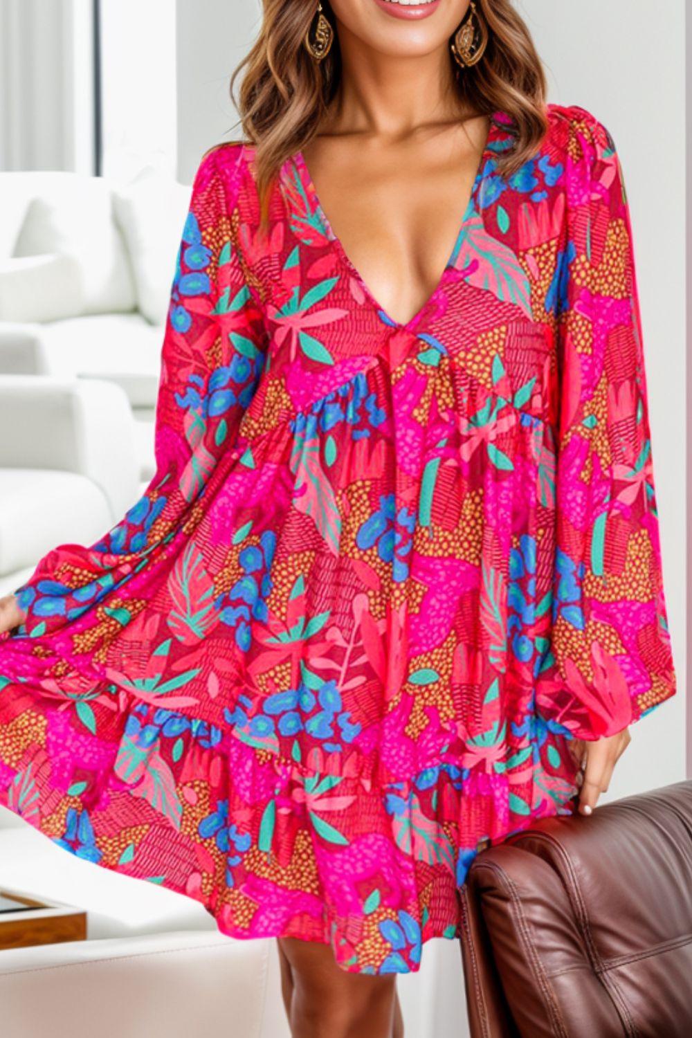 Printed Balloon Sleeve Mini Dress Carauana Store