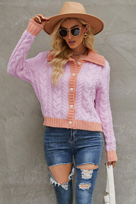Contrast Collared Neck Cable-Knit Cardigan Carauana Store