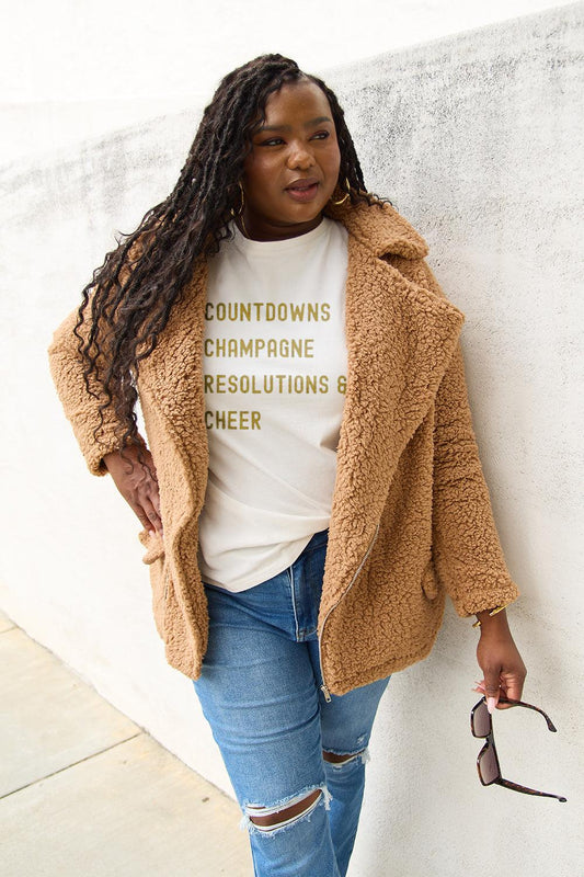 Simply Love Full Size COUNTDOWNS CHAMPAGNE RESOLUTIONS & CHEER Round Neck T-Shirt Carauana Store