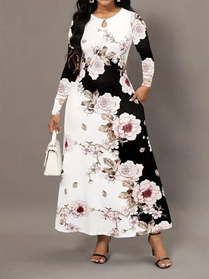 Pocketed Printed Long Sleeve Dress Carauana Store