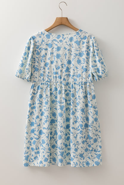 Sky Blue Floral Contrast Bow Puff Sleeve Mini Dress