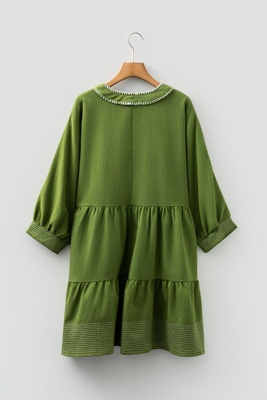 Jungle Green Contrast Stitched V Neck 3/4 Sleeve Tiered Mini Dress