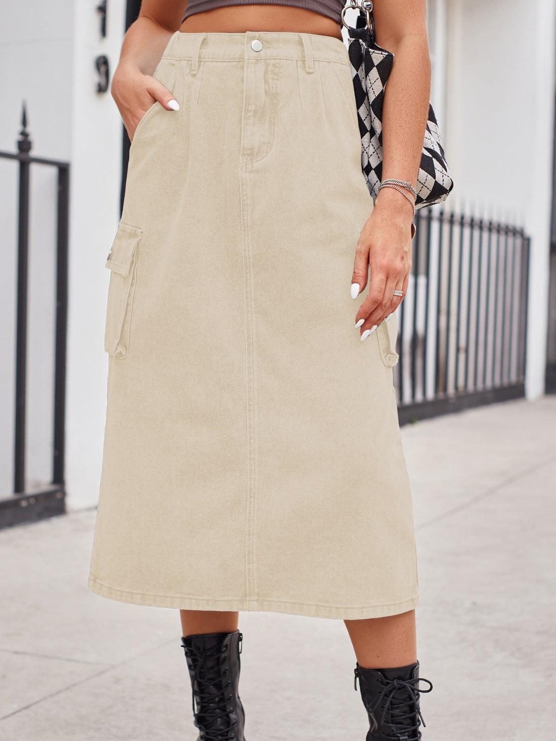 Slit Buttoned Denim Skirt with Pockets Carauana Store