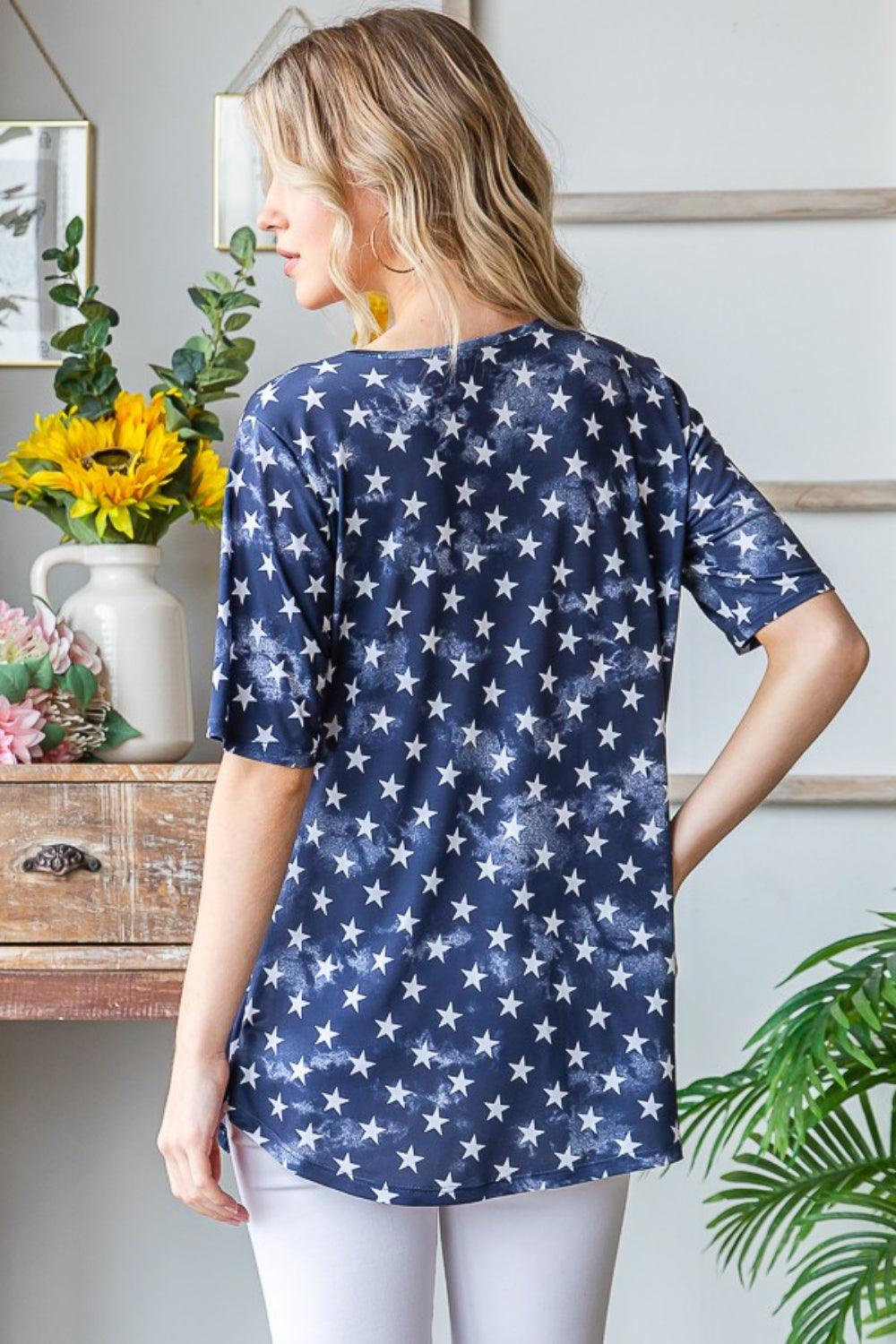 Heimish Full Size Short Sleeve Crisscross Star Babydoll Top Carauana Store