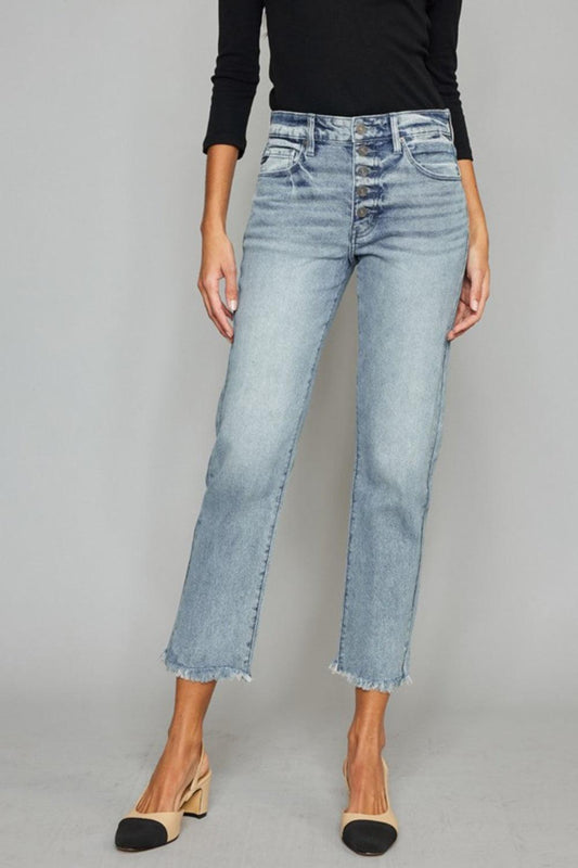 Kancan High Waist Button Fly Raw Hem Cropped Straight Jeans Carauana Store