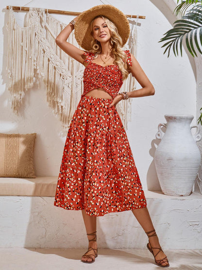 Cutout Printed Tie Shoulder Midi Dress Carauana Store