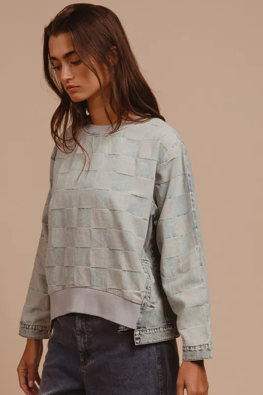 BiBi Mineral Washed Checkered Round Neck Denim Top Carauana Store