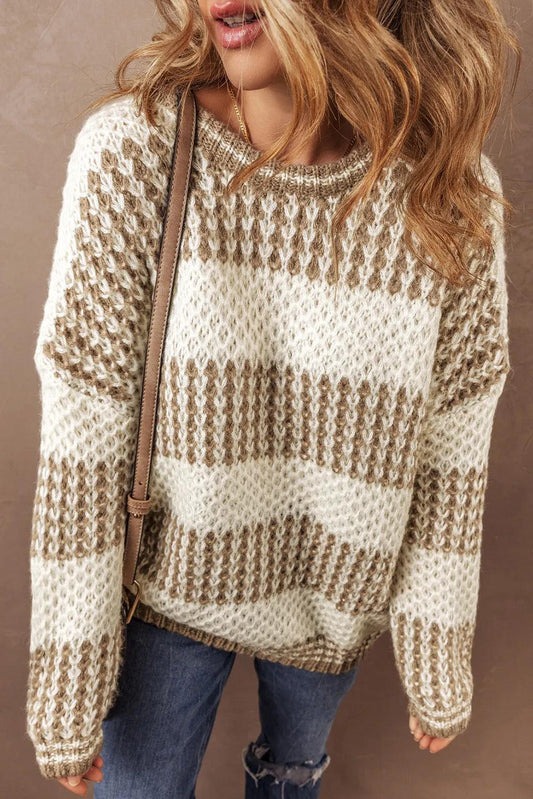 Color Block Round Neck Dropped Shoulder Sweater Carauana Store