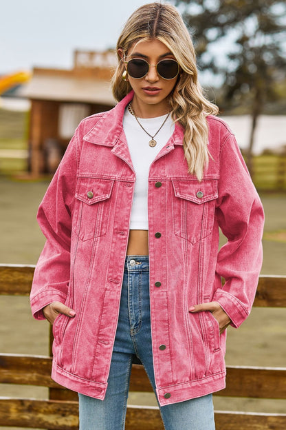 Buttoned Collared Neck Denim Jacket with Pockets - Carauana Store