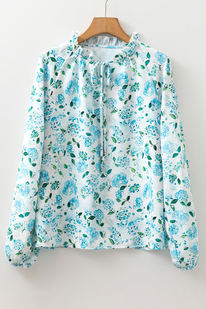 Sky Blue Floral Print Frilled Trim Tie Neck Elastic Cuffs Long Sleeve Blouse