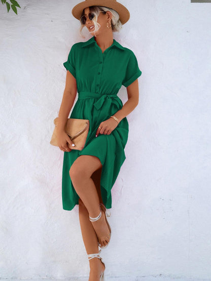 Buttoned Tie Waist Short Sleeve Dress Carauana Store