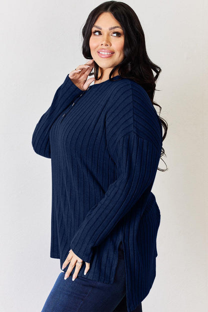 Basic Bae Full Size Ribbed Half Button Long Sleeve High-Low T-Shirt Carauana Store