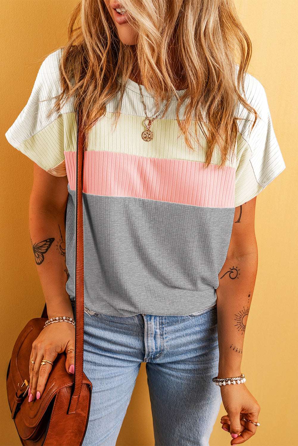 Gray Ribbed Color Block Patchwork T-shirt CaRaUaNa Fashion