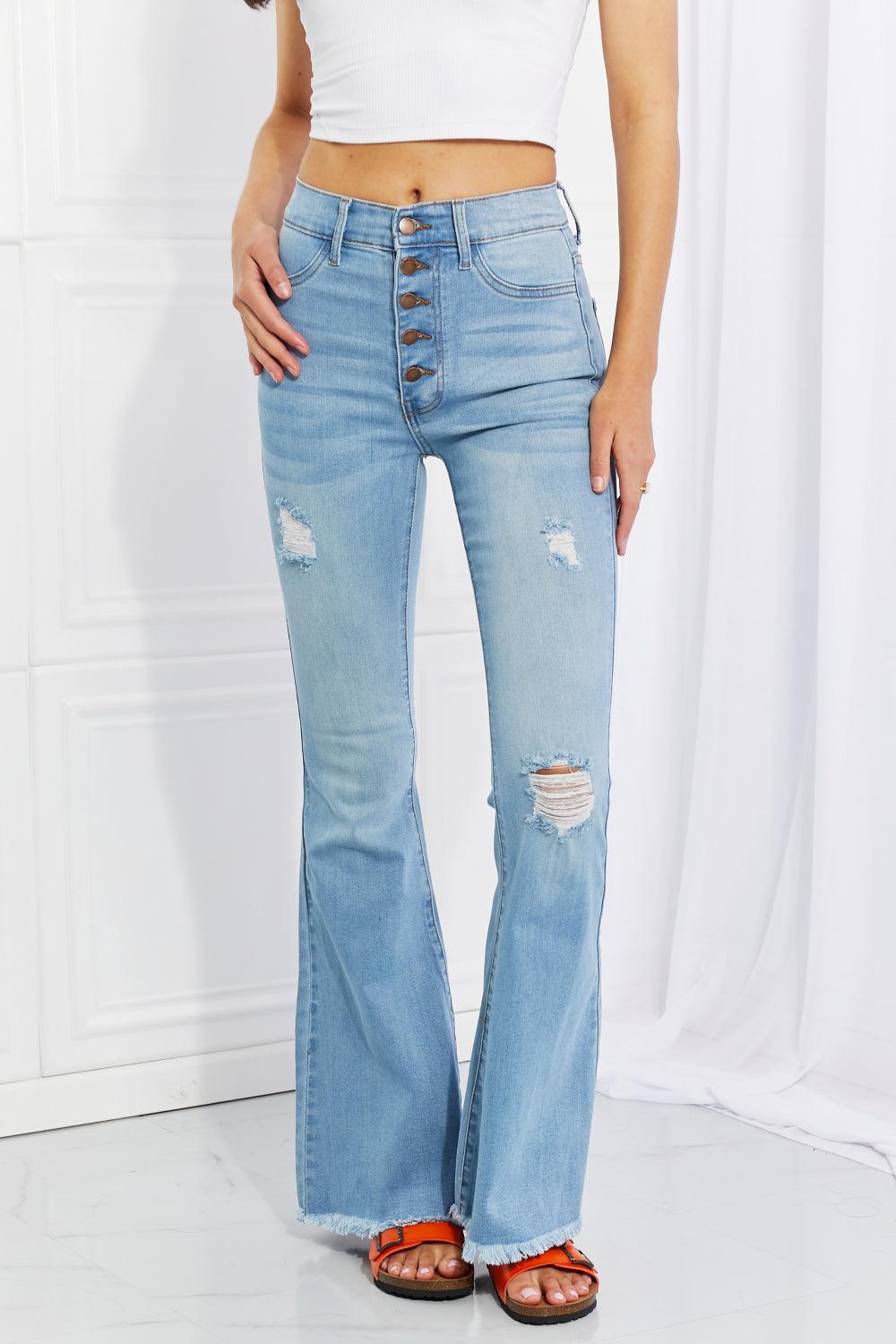 Vibrant MIU Full Size Jess Button Flare Jeans Carauana Store