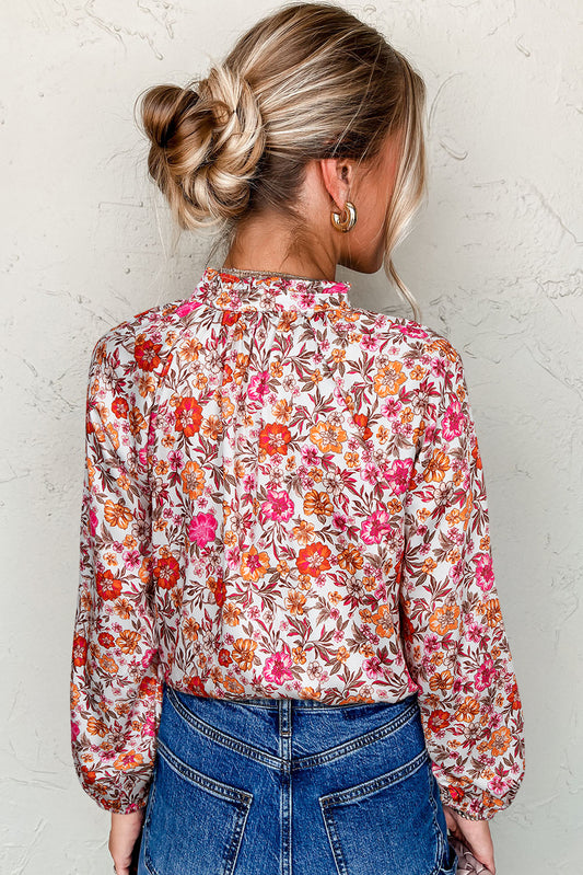 Pink Floral Print Tie Split Neck Bracelet Sleeve Blouse