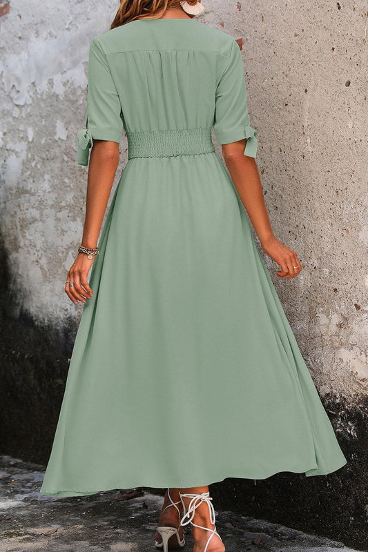 Smocked Quarter Button Short Sleeve Dress Carauana Store