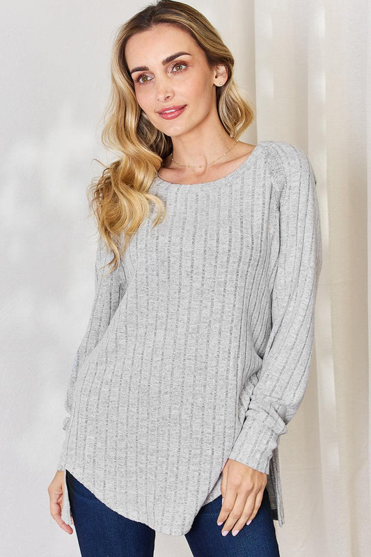 Basic Bae Full Size Ribbed Round Neck Slit T-Shirt Carauana Store