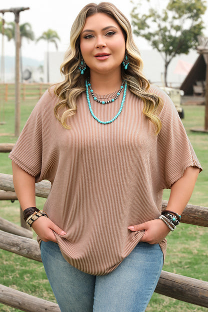 Smoke Gray Ribbed Striped Crew Neck Plus Size Knit T Shirt
