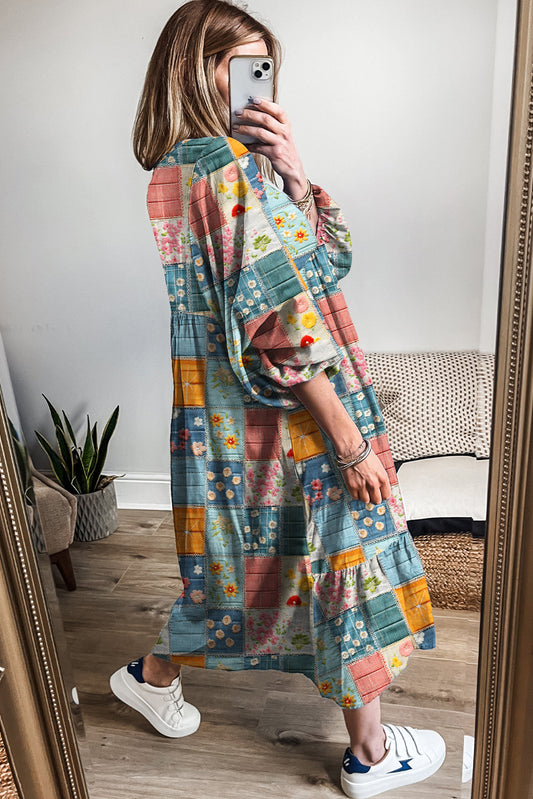 Sky Blue Mix Floral Checkered Pattern Bubble Sleeve Ruffle Hem Dress