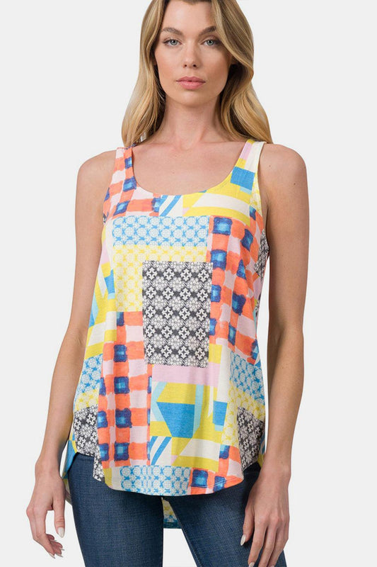 Zenana Printed Round Neck Curved Hem Tank Carauana Store